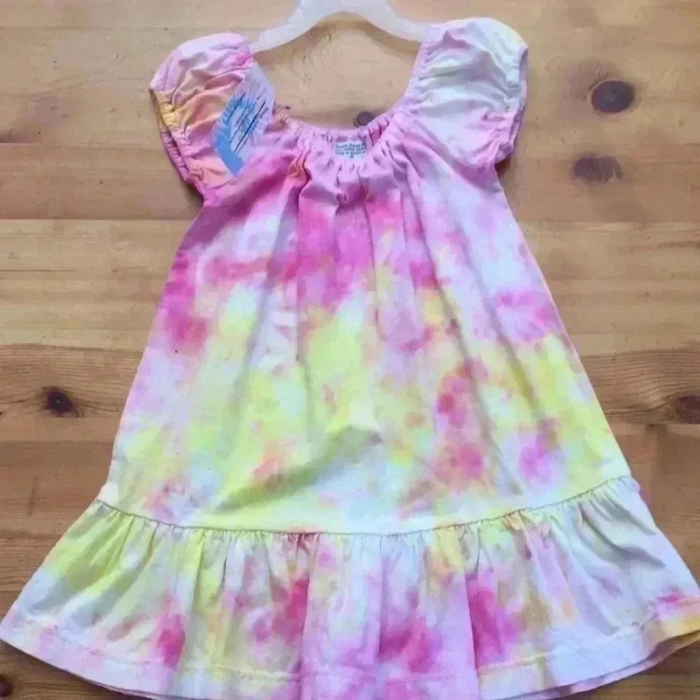 New! Hand dyed Puff Sleeve Single Flounce Dress 100% cotton girls size 4